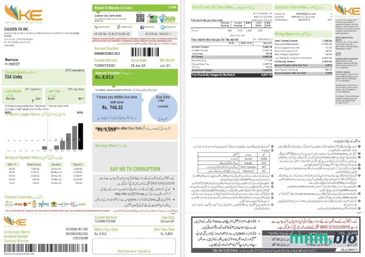 Pakistan ke Electricity rachunek za usługi komunalne szablon w formacie Word i PDF, 2 strony
